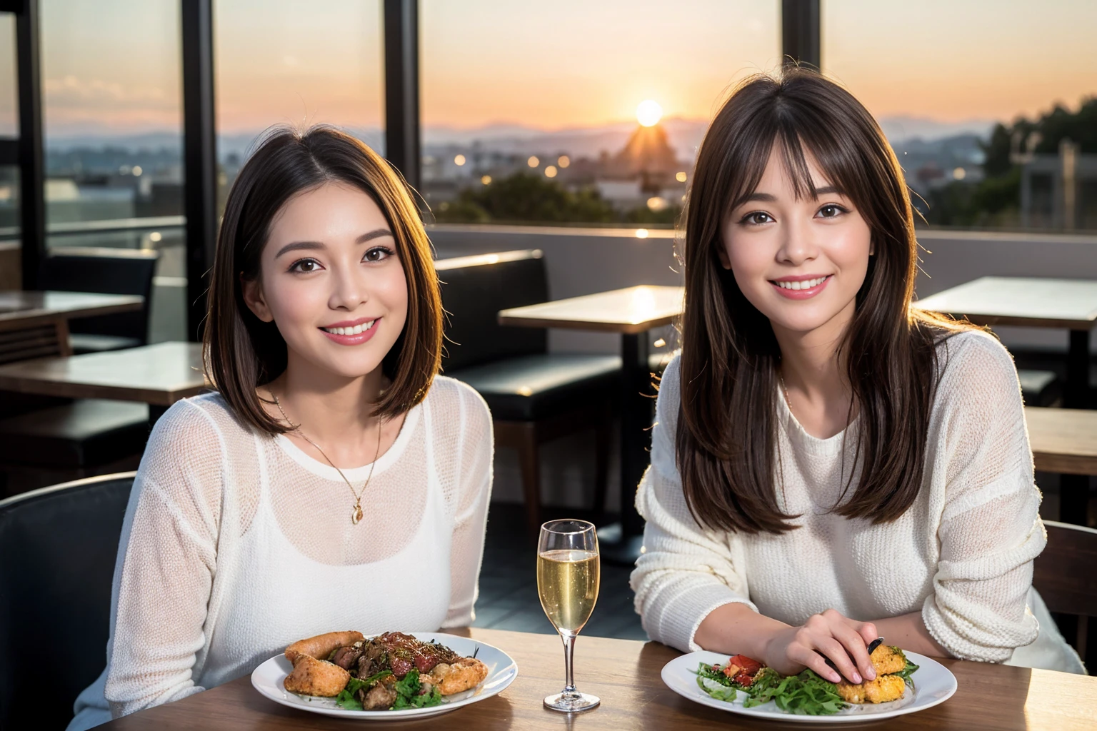 ((Highest quality、8K、masterpiece:1.3))、1 male 1 female、Slim lover、Beautiful couple、Smile、full-course dinner、 (Slim face), (the body is スリム), (Brown Hair), (Shortcuts), ((Bob Hale、Straight hair:1.2)), テーブルの上のwine glass、Shine light on your face、 Amazing view of the sunset sky and clouds、The beauty of a smile、Bright image、Blushing, Shortcuts, (43 years old), 39 years old, Appetizers、Italian food、Wine bottle、Champagne、sparkling wine、Long sleeve shirt、dress、Attractive beauty、restaurant, Nova Frog Style, actress, model, Upper Body, White wine, red wine, wine glass,