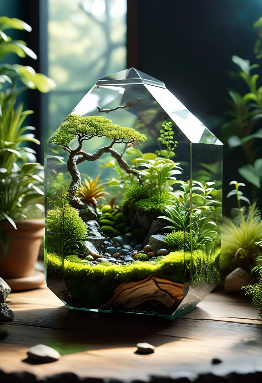 room background, masterpiece, best quality, 8k, professional ,intricated details, detailed, realsitic, boekh , photorealistic, dark shadows, natural light, dramatic, source realistic,
Create an image of a crystal-like resin terrarium. The terrarium is encased in clear, faceted resin that resembles a crystal. Inside, a lush, green moss landscape is preserved, with small pebbles and tiny pieces of driftwood scattered throughout. The crystal resin encapsulation gives the terrarium a multifaceted, gemstone-like appearance, enhancing the vibrant green of the moss and the natural elements within. The overall composition is serene and showcases the beauty of nature preserved in a crystal-like resin. The terrarium is shown in a well-lit environment, highlighting the clarity and details of the resin and the moss inside.
