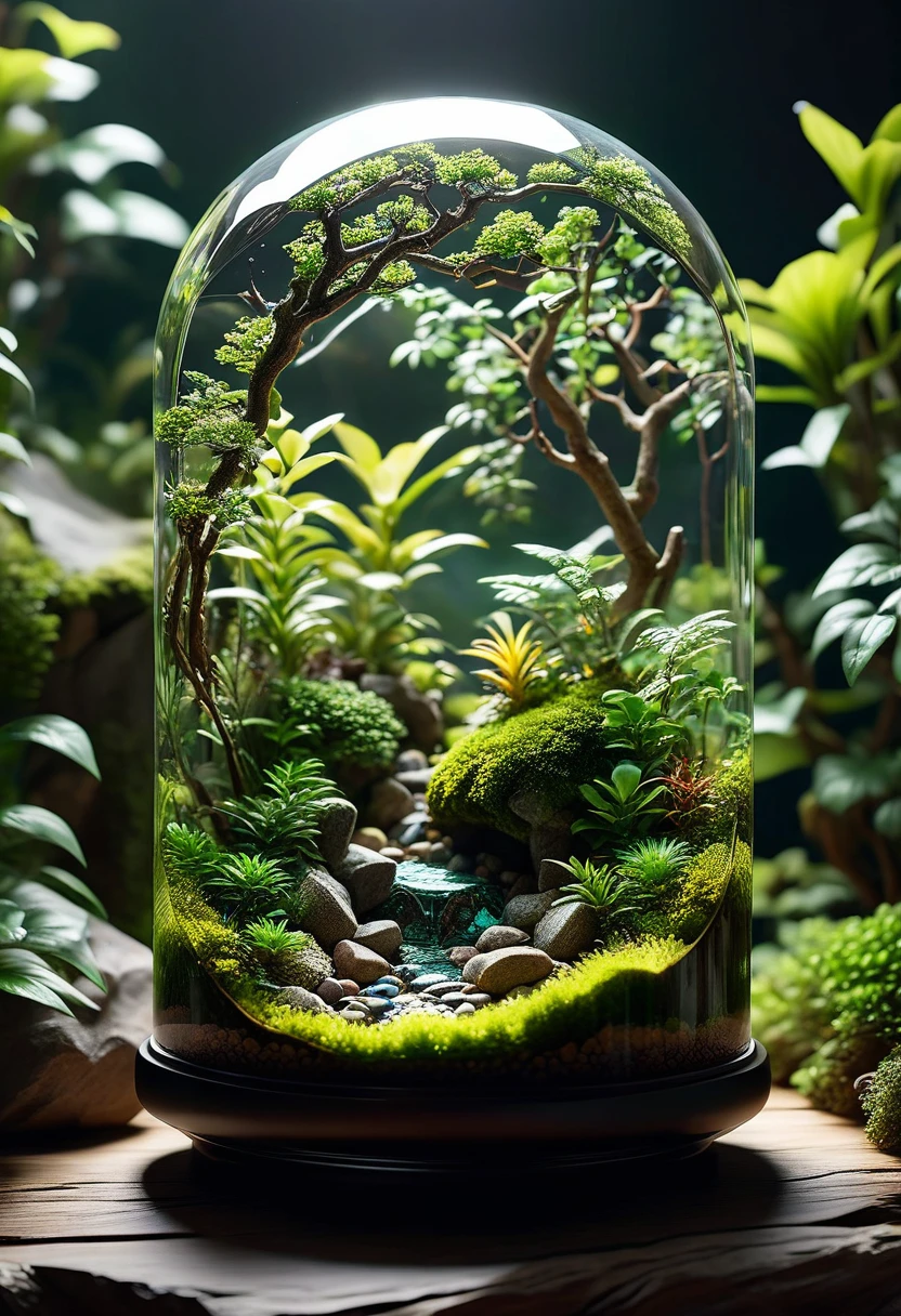 room background, masterpiece, best quality, 8k, professional ,intricated details, detailed, realsitic, boekh , photorealistic, dark shadows, natural light, dramatic, source realistic,
Create an image of a crystal-like resin terrarium. The terrarium is encased in clear, faceted resin that resembles a crystal. Inside, a lush, green moss landscape is preserved, with small pebbles and tiny pieces of driftwood scattered throughout. The crystal resin encapsulation gives the terrarium a multifaceted, gemstone-like appearance, enhancing the vibrant green of the moss and the natural elements within. The overall composition is serene and showcases the beauty of nature preserved in a crystal-like resin. The terrarium is shown in a well-lit environment, highlighting the clarity and details of the resin and the moss inside.