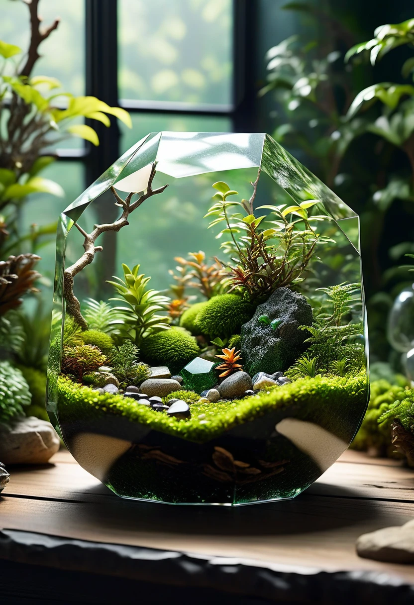 room background, masterpiece, best quality, 8k, professional ,intricated details, detailed, realsitic, boekh , photorealistic, dark shadows, natural light, dramatic, source realistic,

Create an image of a crystal-like resin terrarium. The terrarium is encased in clear, faceted resin that resembles a crystal. Inside, a lush, green moss landscape is preserved, with small pebbles and tiny pieces of driftwood scattered throughout. The crystal resin encapsulation gives the terrarium a multifaceted, gemstone-like appearance, enhancing the vibrant green of the moss and the natural elements within. The overall composition is serene and showcases the beauty of nature preserved in a crystal-like resin. The terrarium is shown in a well-lit environment, highlighting the clarity and details of the resin and the moss inside.