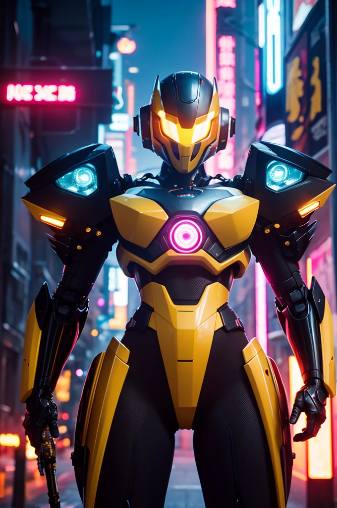 Beautiful woman, Highest quality,masterpiece,Realistic,null,night,1 person, Yellow Mecha_robot,Relic scene,cyber punk,Fish school,(Neon Light:0.7),Rim Lighting,Transformers style,Pink Background:1.4,Unreal Engine:1.4,Ultra HD,Best Quality:1.4, Realistic:1.4, Skin Texture:1.4, masterpiece:1.8,detailed:1.4