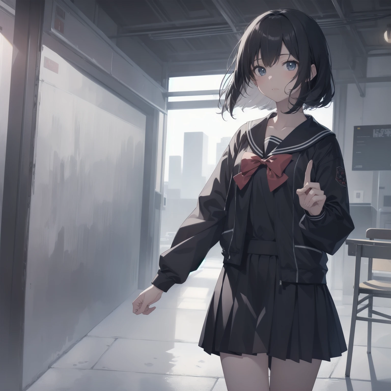 ultra-absurdres-Top quality by artist God, ultra-detailed, high resolution, anime moe artstyle, best anime 8k konachan wallpaper, pixiv contest winner, pool:2810, perfect anatomy,break, 1girl, (Please draw a girl walking sleepily to school alone. )break,(Solo,little female, 13-year-old:1.3),Full limbs, complete fingers,a junior high school student, (very short hair), short cut, flat chest, , small butt, small black eyes, beautiful detailed eyes, well-proportioned iris and pupils, expressive eyes, highres detailed hair, soft expression, salor school_uniform, sailor collar, serahuku, bow, pleated skirt,(Detailed Lighting), (Detailed background), in the School commute route. break,super detailed skin, Best cinematic lighting powered by famous artist, 8k,beauty illustration,photoshop_(medium),very aesthetic,break,((artist:sincos )), artist:clamp ,artist:carnelian ,artist:kantoku ,
