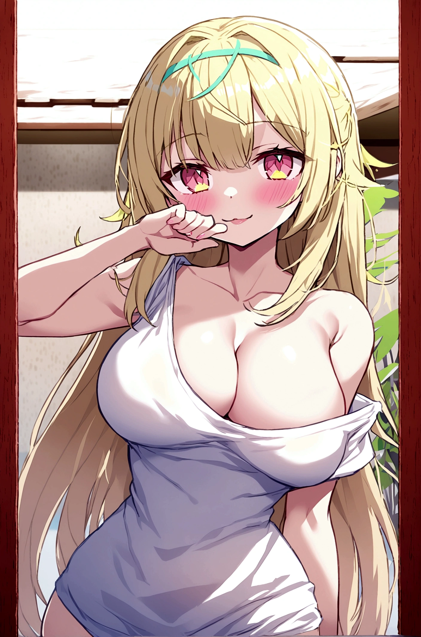 Anime girl, large breasts, cleavage, white oversized T-shirt off one shoulder