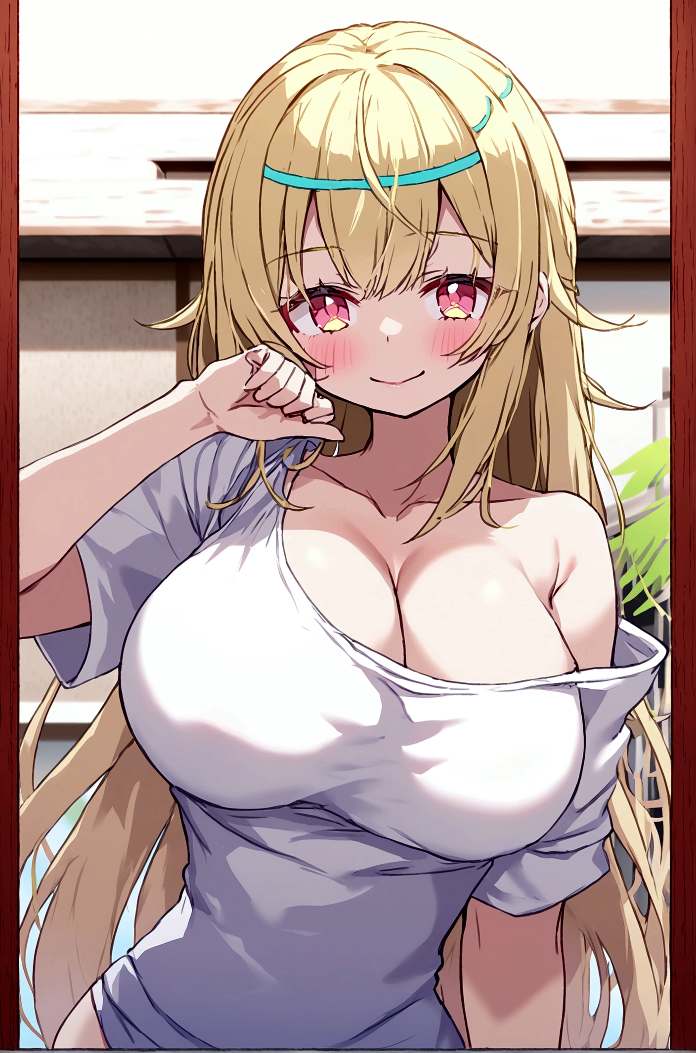 Anime girl, large breasts, cleavage, white oversized T-shirt off one shoulder