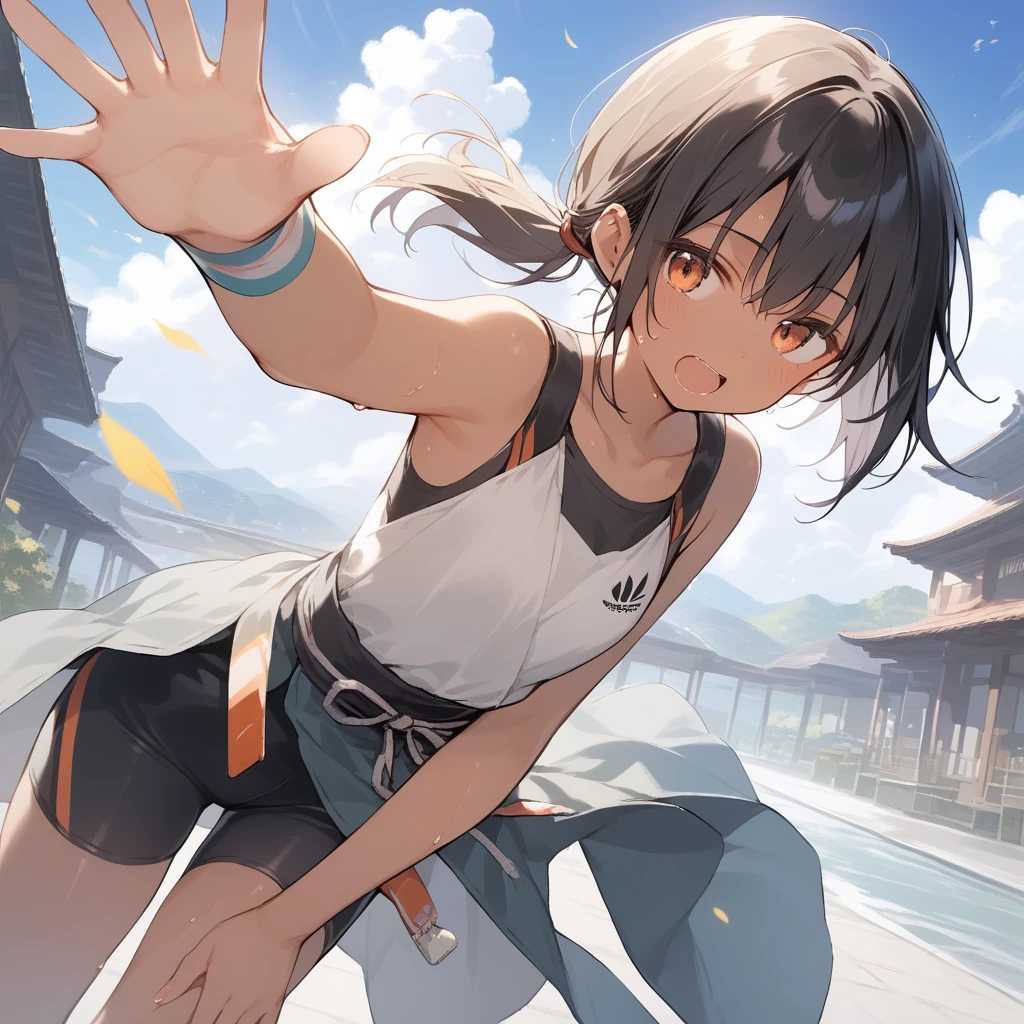 score_9, score_8_up, score_7_up, source_anime, best quality, masterpiece, official art, absurdres, highres, ultra-detailed,waifu2x,Collection: Slice of Life,break,1girl, tomboy, dark-skinned female, short hair, low ponytail, flat chest, beautiful detailed eyes, ninja, bike shorts, sweat, open mouth, (yawn:0.3), sleepily, outdoors, wind, break,(clear line illustration:1.2),very high resolution, very aesthetic, super detailed skin, Best sexual lighting powered by famous artist, 8k,cute picture,beauty illustration,photoshop_(medium),,(Detailed Lighting),best anime 8k konachan wallpaper, pixiv contest winner, 