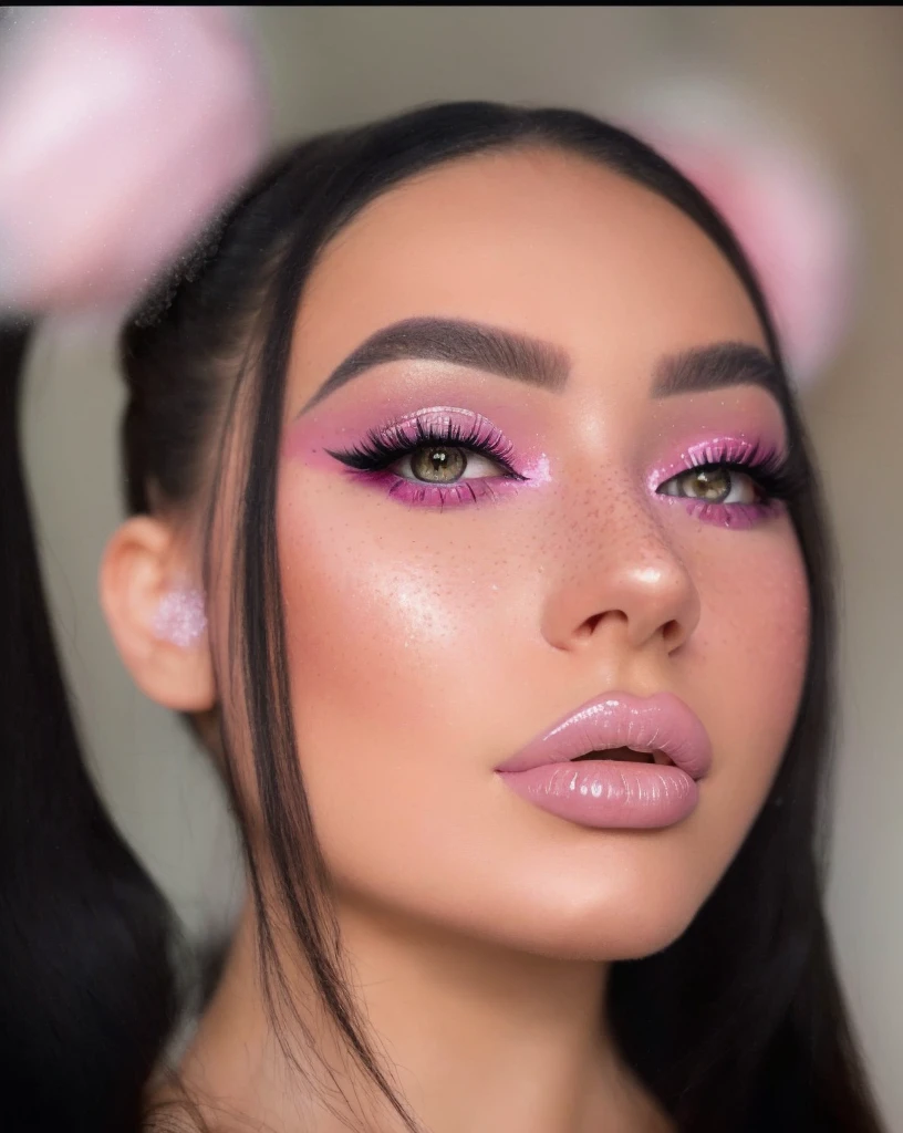 a closeup of a woman with pink makeup and a pink pen, sexy face with full makeup, Pop makeup style, thick and elegant makeup, bright pink eyes, pastel makeup, rosy cheeks with freckles, bright pink face, glitter makeup, bright pink eyes, pastel pink skin tone, with professional makeup, fairy look, long pointed pink nose, delirium makeup, Heavy makeup