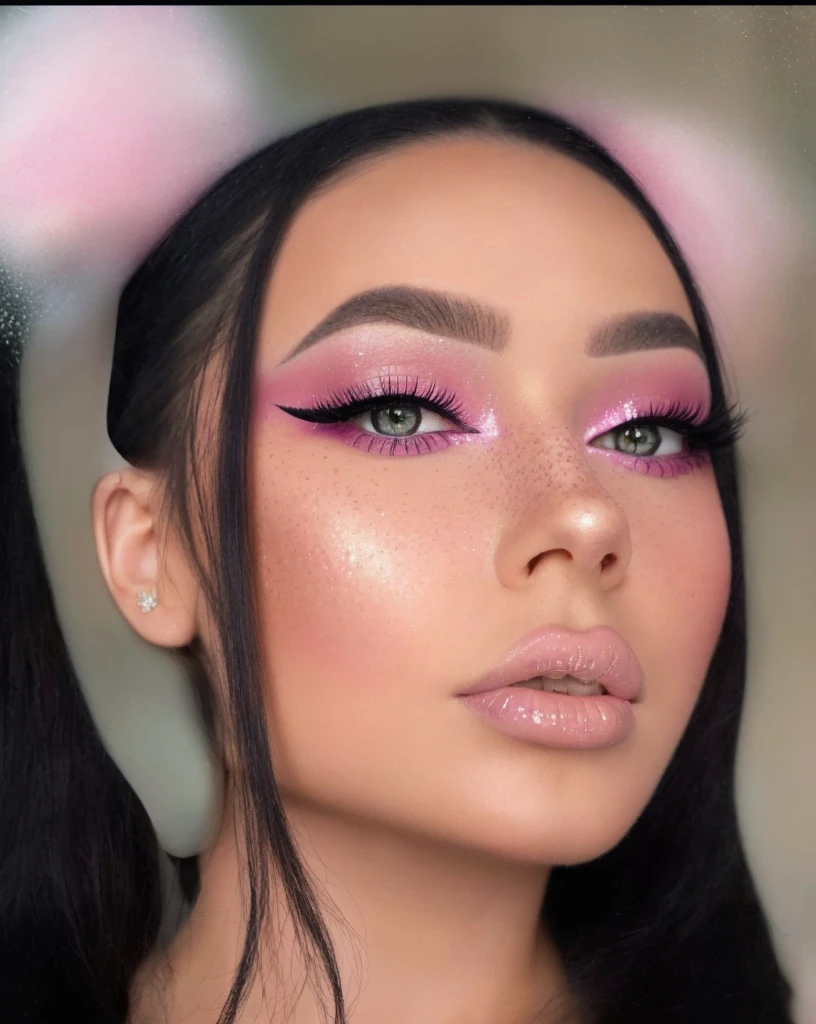 a closeup of a woman with pink makeup and a pink pen, sexy face with full makeup, Pop makeup style, thick and elegant makeup, bright pink eyes, pastel makeup, rosy cheeks with freckles, bright pink face, glitter makeup, bright pink eyes, pastel pink skin tone, with professional makeup, fairy look, long pointed pink nose, delirium makeup, Heavy makeup