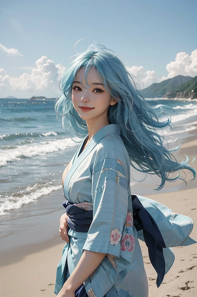 A beautiful woman wearing a wavy kimono with light blue hair is smiling on the beach under the summer sky, her hair blown by the wind