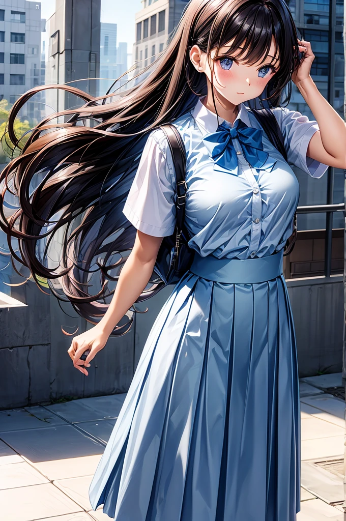 Check skirt,uniform,blouse,earphone,semi-long,Hair dumplings