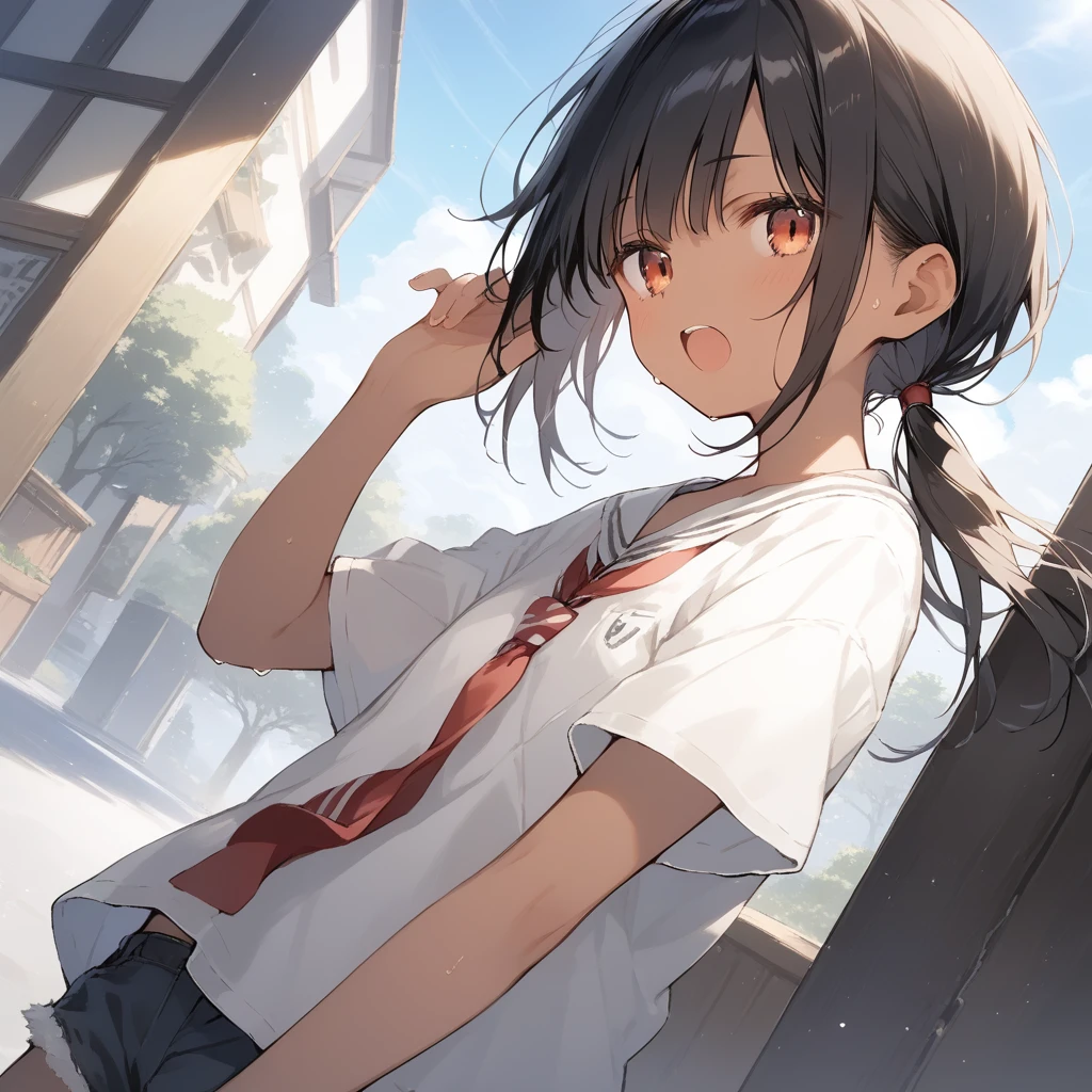 score_9, score_8_up, score_7_up, source_anime, best quality, masterpiece, official art, absurdres, highres, ultra-detailed,waifu2x,Collection: Slice of Life,break,1girl, tomboy, dark-skinned female, short hair, low ponytail, flat chest, beautiful detailed eyes, short shorts, sweat, open mouth, (yawn:0.3), sleepily, outdoors, wind, break,(clear line illustration:1.2),very high resolution, very aesthetic, super detailed skin, Best sexual lighting powered by famous artist, 8k,cute picture,beauty illustration,photoshop_(medium),,(Detailed Lighting),best anime 8k konachan wallpaper, pixiv contest winner,