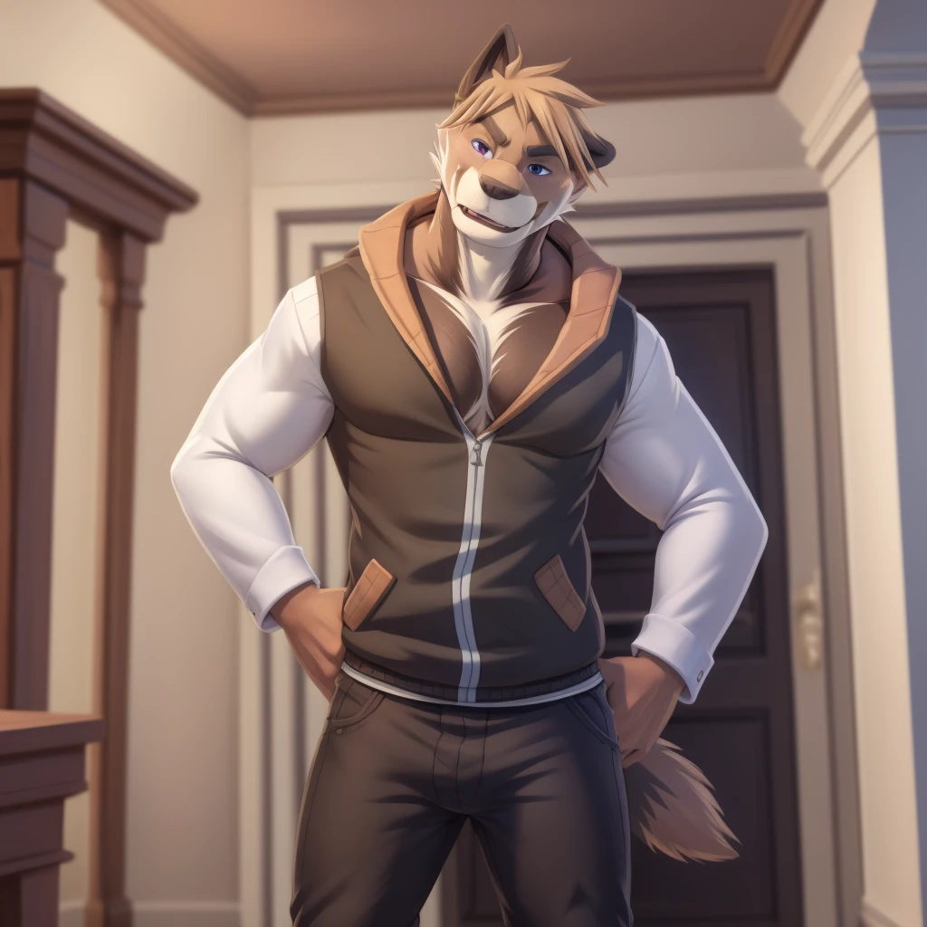 owen lorelei, muscular male, purple eyes, smile, (pose:1.3), (posing:1.3), (soft shading), 4k, hi res, ((detailed face(mad), detailed)), (full body), by zackarry911, by zaush, (by personalami:0.5), unzipped jacket, brown jacket, white sleeves, pants down, NSFW, big long penis(harden),((big inch long)),((big 25 wide)), big balls,POV