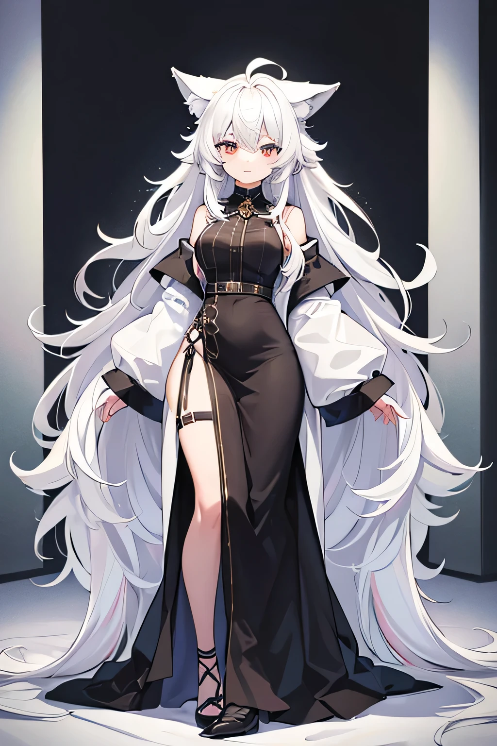 Masterpiece,High Quality:1.2,(Full Length:1.2),((Wolf Ear)),(Young Woman), Cute,((Full Length)), One, Girl,(Long White Hair:1.3),(Messy Hair:1. 2),(I&#39;m eating:1.5),(With scornful eyes:1.4),(Sky Eyes:1. 3 ),(Red Eyes:1.2),(Face focus:1.3),(Super smile:1.3),(Gentle features:1. 3),(Long white hair:1.3), my hair is messy,((Clear Eyes)),(Red eyes:1. 3 ),(Perfectly detailed eyes:1.3),((Perfect hands)),(Anime Big Tits),(Luminous), black clothes, dynamic angle, dynamic pose,((Shine of light)),((photo shoot ))),(feminine:1.4),(beautiful:1.4),(Charm:1.3),(Light background)