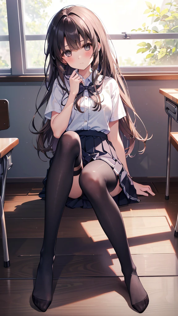 (8K、Best image quality、Highest quality、masterpiece)、One tall girl、((whole body))、Sit on the floor with your legs spread、White panties are visible、Long Hair、Wavy Hair、blush、Medium Bust、White collared shirt、Short sleeve、((Checkered pleated mini skirt))、Classroom Background、((black tights))、Black Pantyhose、((No shoes))