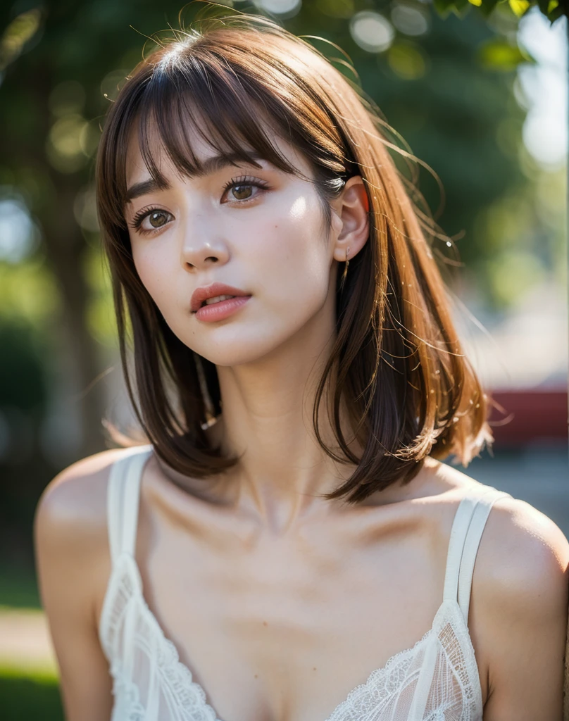 最high quality, masterpiece, High resolution, clavicle,Realistic, Real People, (Skin with attention to detail: 1.4), SLR, Soft Light, high quality, photograph, High resolution, Background blur, Vintage street style olive ash hair with bangs natural makeup