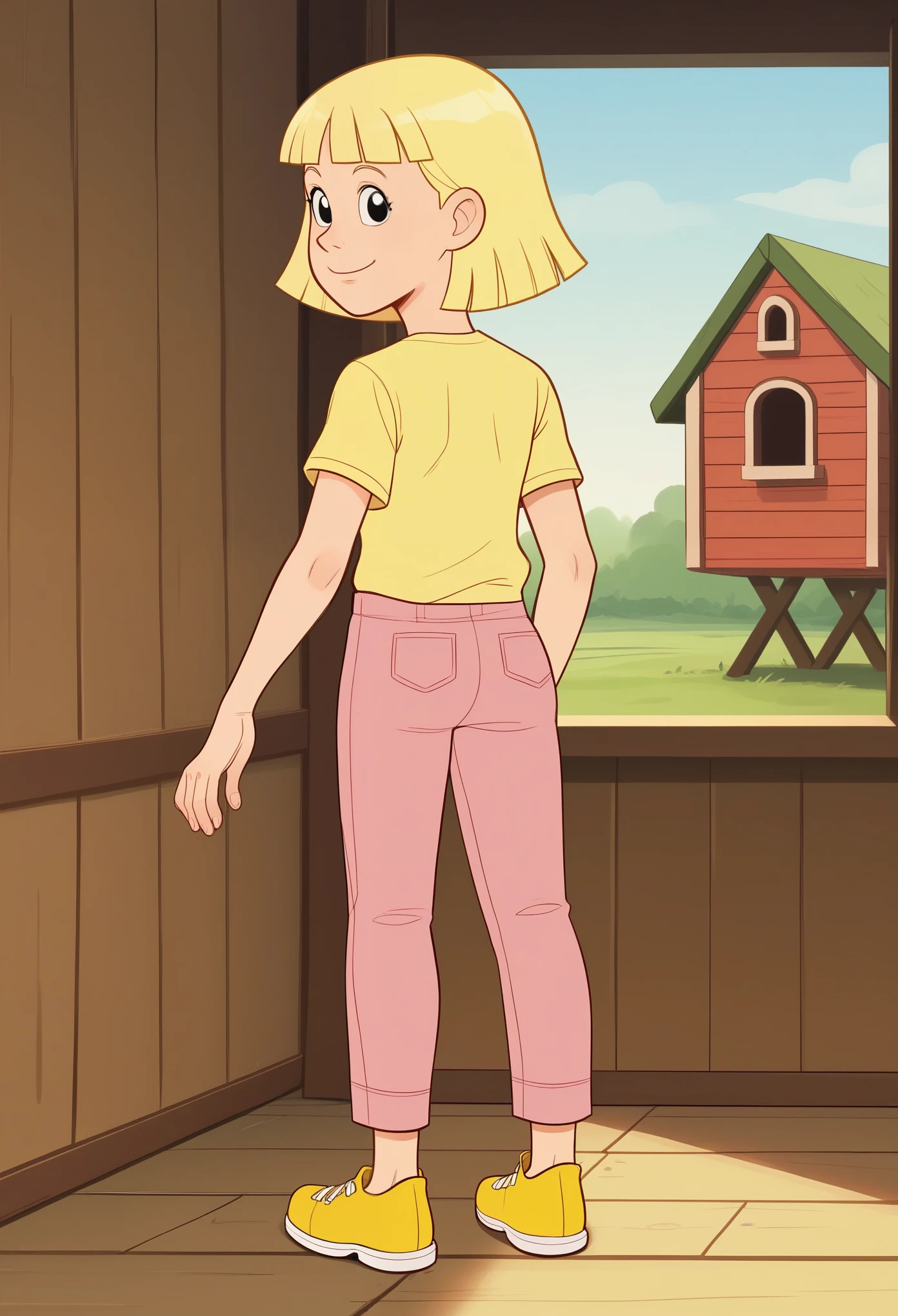 score_7_up, BREAK, Annika, 1girl, solo, short hair, blonde hair, black eyes, yellow t-shirt, pink pants, yellow shoes, full body, white wooden house, standing, back view , looking on viewer, smiling,