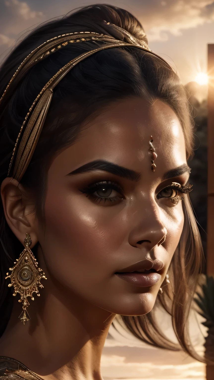 a woman of Persian descent, beautiful detailed face, beautiful detailed eyes, beautiful detailed lips, long flowing hair, warrior, riding a horse, desert landscape, dramatic sunset, intricate detailed armor, highly detailed, photorealistic, 8k, masterpiece, vibrant colors, warm lighting, cinematic composition