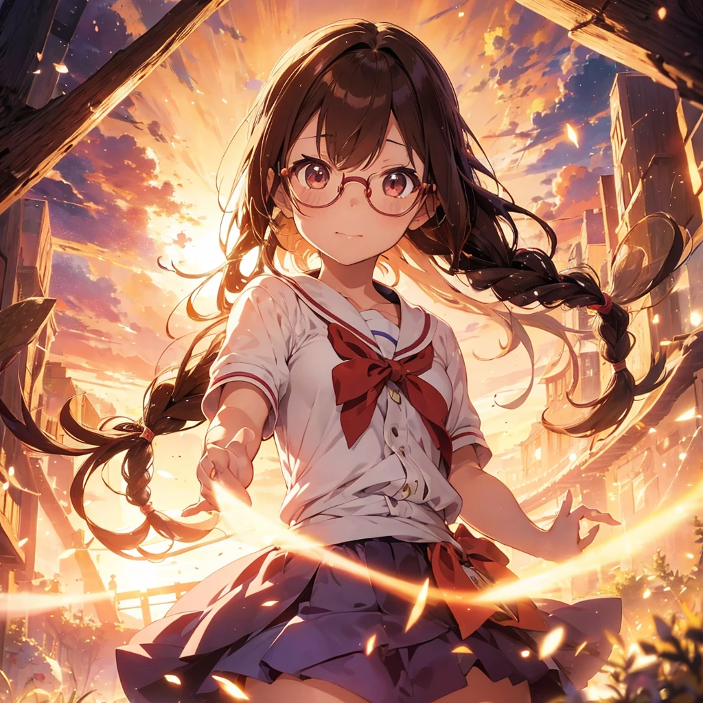 Japanese anime、Magical girl{Glasses、Brown eyes、Hairstyle with one braid、Brown Hair}Transformation scene、Shining light particles surround the girl's entire body。Strong shining light beam background、Sailor suit{Light blue collar、Short sleeve、Red neckerchief、Light blue pleated skirt}