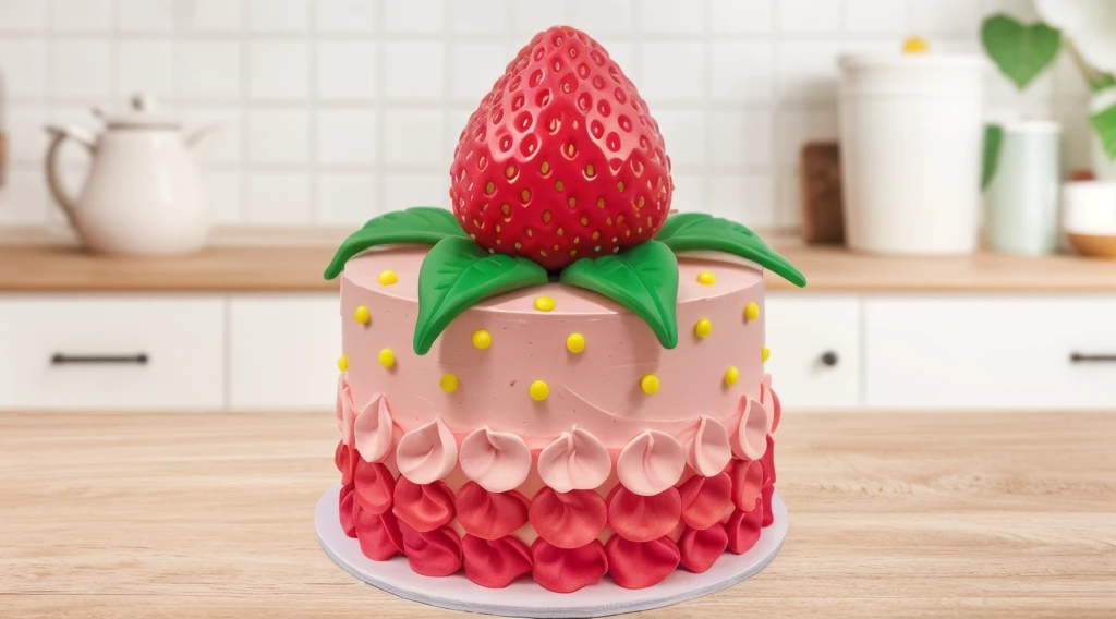 in the kitchen, on a wooden table, on a porcelain plate, a tiny pink cream cake, the bottom is decorated with cream petals, on top of the cake is a polymer clay candy in the form of a strawberry with leaves, the cake is decorated with tiny yellow dragee candies, bright lights, soft light, window light, professional lighting, light from the window, neat light, realistic texture, realistic style, detailed texture, high quality, high resolution, high quality rendering, realistic photo, brightning light, macro photo, 4k ultra HD