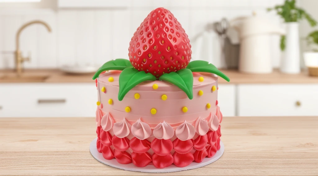in the kitchen, on a wooden table, on a porcelain plate, a tiny pink cream cake, the bottom is decorated with cream petals, on top of the cake is a polymer clay candy in the form of a strawberry with leaves, the cake is decorated with tiny yellow dragee candies, bright lights, soft light, window light, professional lighting, light from the window, neat light, realistic texture, realistic style, detailed texture, high quality, high resolution, high quality rendering, realistic photo, brightning light, macro photo, 4k ultra HD