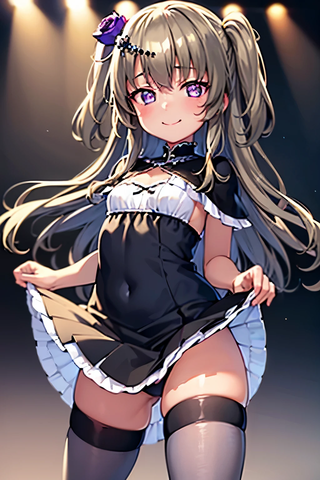 (masterpiece: 1.2, Highest quality), (Beautiful eyes with attention to detail: 1.2), (Highly detailed CG Unity 8k wallpaper, masterpiece, Highest quality, Super detailed, Best Shadow), (Detailed Background), (Cute face with attention to detail, Beautiful attention to detail), High Contrast, (Best lighting, Very delicate and beautiful), front, Beautiful shiny details, dark grey HAIR, detailed sparkling and brilliant purple eyes, One , Himari Mei, li, flat chest, {{{nsfw}}}, black short dress, thighhigh sox, hold legs up, short skirt, skirt lift, cute and shy smile, voluptuous thighs, petit body, squatting, Worried brow, Absolute area, Look at me and smile, low-angled, squatting, spread legs wide, showing undressing panties, skirt lift