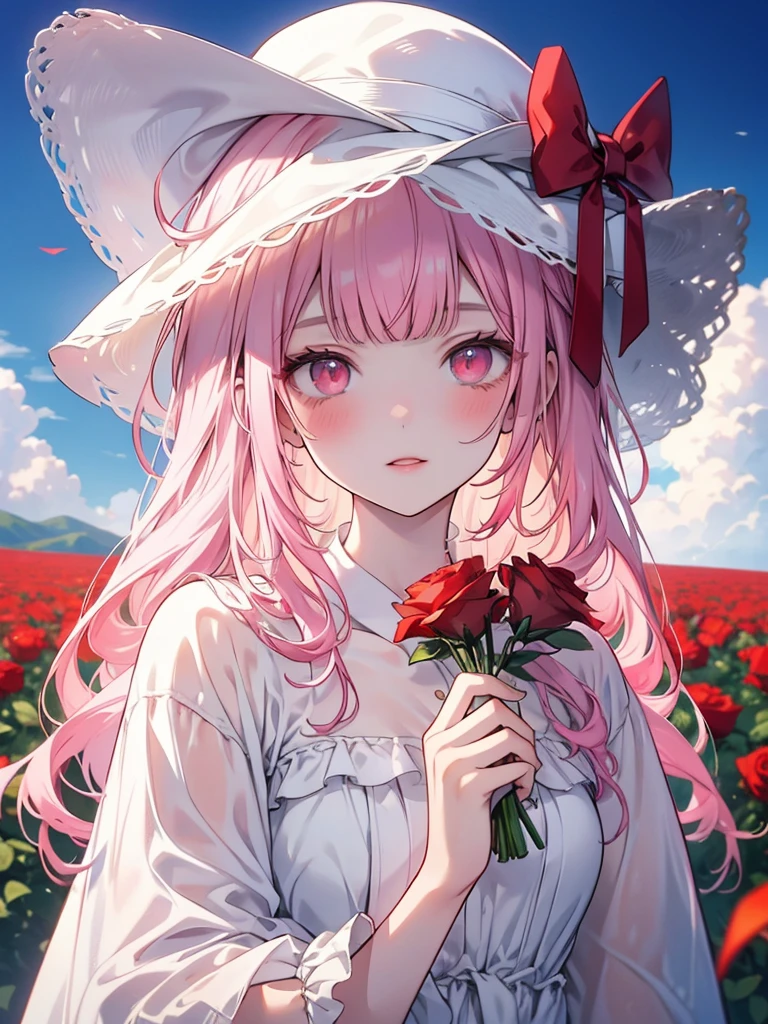 Create a high-quality artwork of a solo girl holding a bouquet of red roses in a flower field wearing a white dress and sun hat with a depth of field effect. She should have medium-length pink hair with bangs and pink eyes, with a blush while holding a single red rose in her hand. The girl should be looking at the viewer with an expressionless face, showcasing a masterpiece with fine detail.