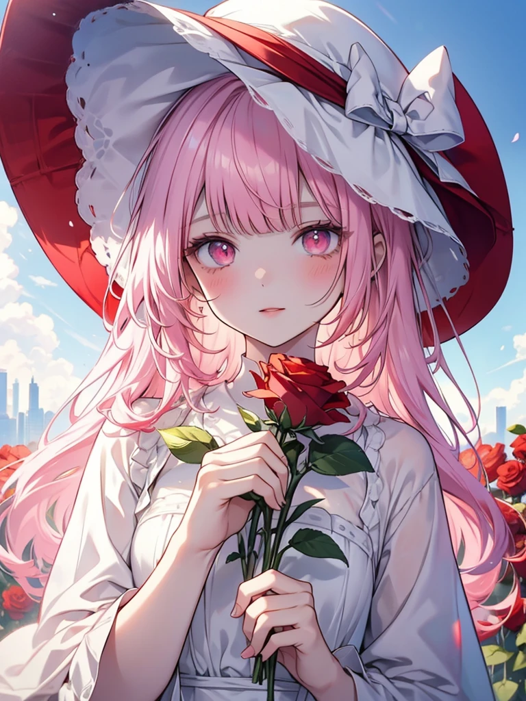 Create a high-quality artwork of a solo girl holding a bouquet of red roses in a flower field wearing a white dress and sun hat with a depth of field effect. She should have medium-length pink hair with bangs and pink eyes, with a blush while holding a single red rose in her hand. The girl should be looking at the viewer with an expressionless face, showcasing a masterpiece with fine detail.