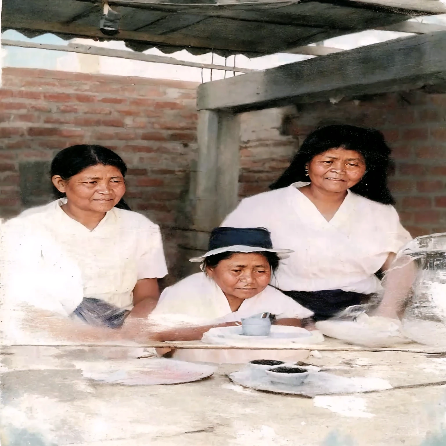 There are two women and one sitting at a table., restored photo, a colored photo, old color photograph, old color photo, old painting, old photo, grainy photo, bolivian cholitas, colored photo, grainy damaged photo, old style photo, high resolution scan, high resolution scan, analog photo, very grainy image, aged photo