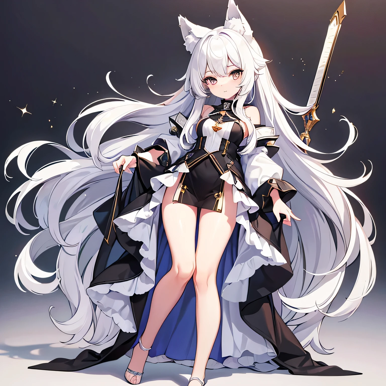 Masterpiece,High Quality:1.2,(Full Length:1.2),((Wolf Ear)),(Young Woman), Cute,((Full Length)), One, Girl,(Long White Hair:1.3),(Messy Hair:1. 2),(I&#39;m eating:1.5),(With scornful eyes:1.4),(Sky Eyes:1. 3 ),(Red Eyes:1.2),(Face focus:1.3),(Super smile:1.3),(Gentle features:1. 3),(Long white hair:1.3), my hair is messy,((Clear Eyes)),(Red eyes:1. 3 ),(Perfectly detailed eyes:1.3),((Perfect hands)),(Anime Big Tits),(Luminous), black clothes, dynamic angle, dynamic pose,((Shine of light)),((photo shoot ))),(feminine:1.4),(beautiful:1.4),(Charm:1.3),(Light background)