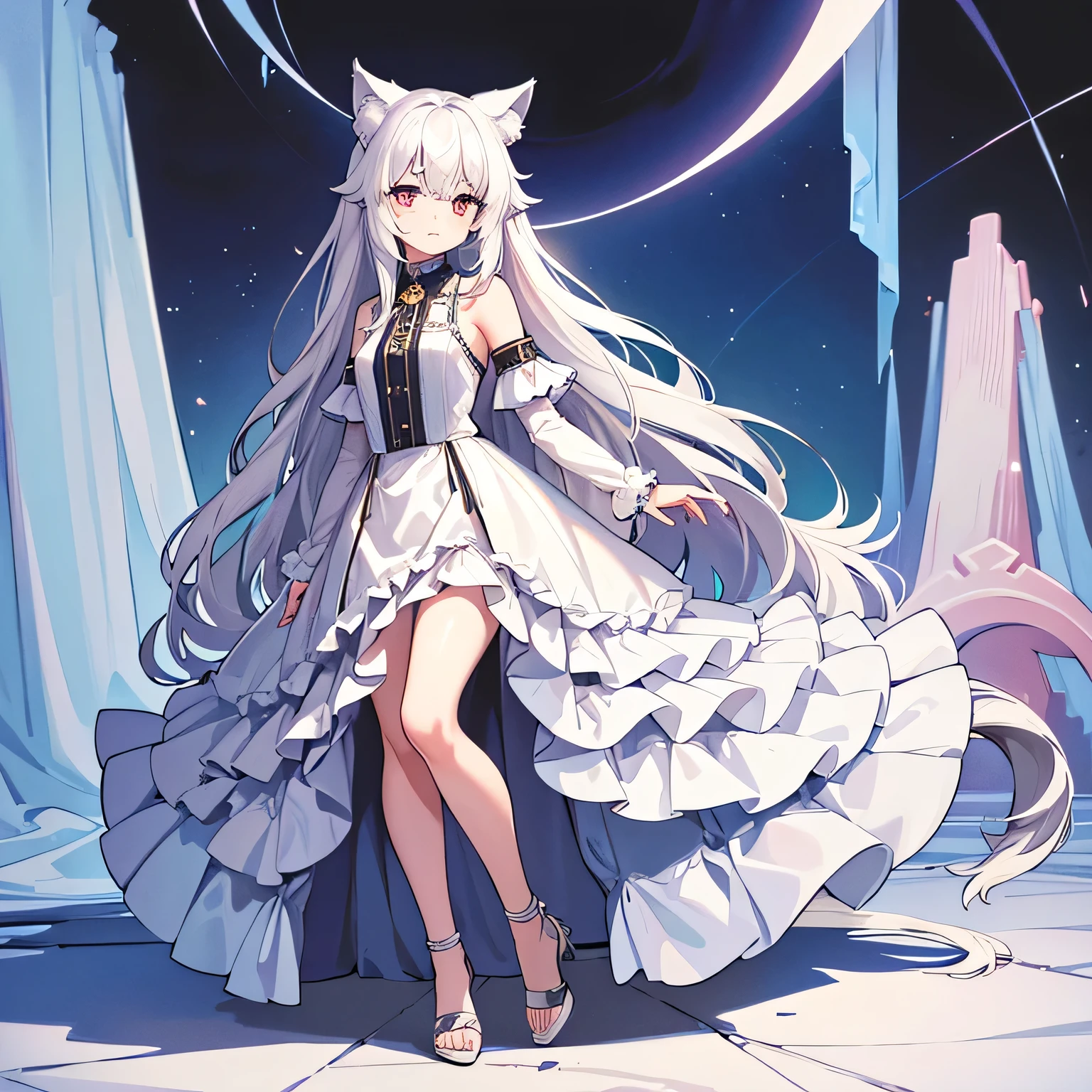 Masterpiece,High Quality:1.2,(Full Length:1.2),((Wolf Ear)),(Young Woman), Cute,((Full Length)), One, Girl,(Long White Hair:1.3),(Messy Hair:1. 2),(I&#39;m eating:1.5),(With scornful eyes:1.4),(Sky Eyes:1. 3 ),(Red Eyes:1.2),(Face focus:1.3),(Super smile:1.3),(Gentle features:1. 3),(Long white hair:1.3), my hair is messy,((Clear Eyes)),(Red eyes:1. 3 ),(Perfectly detailed eyes:1.3),((Perfect hands)),(Anime Big Tits),(Luminous), black clothes, dynamic angle, dynamic pose,((Shine of light)),((photo shoot ))),(feminine:1.4),(beautiful:1.4),(Charm:1.3),(Light background)