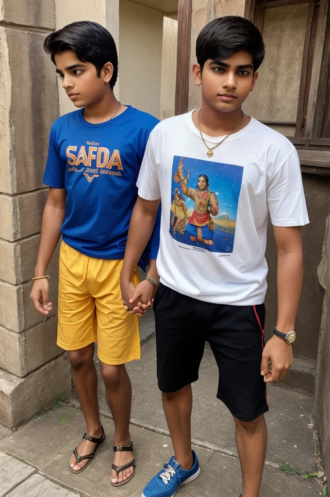 Image a picture where lord Ram is holding hand of a teenage boy with safron tshirt