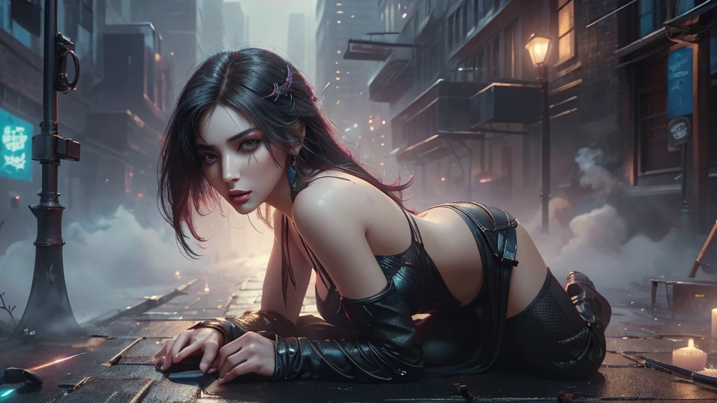 (masterpiece), (best quality), (very detailed), ((1 female assassin)), (cyberpunk), future city background, detailed eyes, Detailed nose, Detailed lips, perfect face, perfect body, revealing clothing, Place a small person on the left side of the picture, landscape