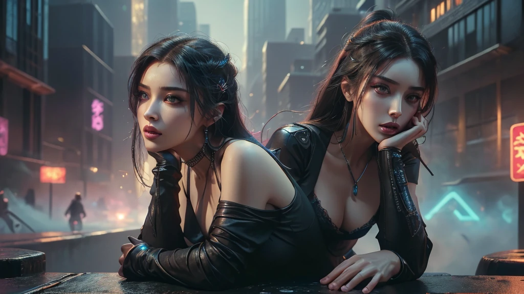 (masterpiece), (best quality), (very detailed), ((1 female assassin)), (cyberpunk), future city background, detailed eyes, Detailed nose, Detailed lips, perfect face, perfect body, revealing clothing, Place a small person on the left side of the picture, landscape