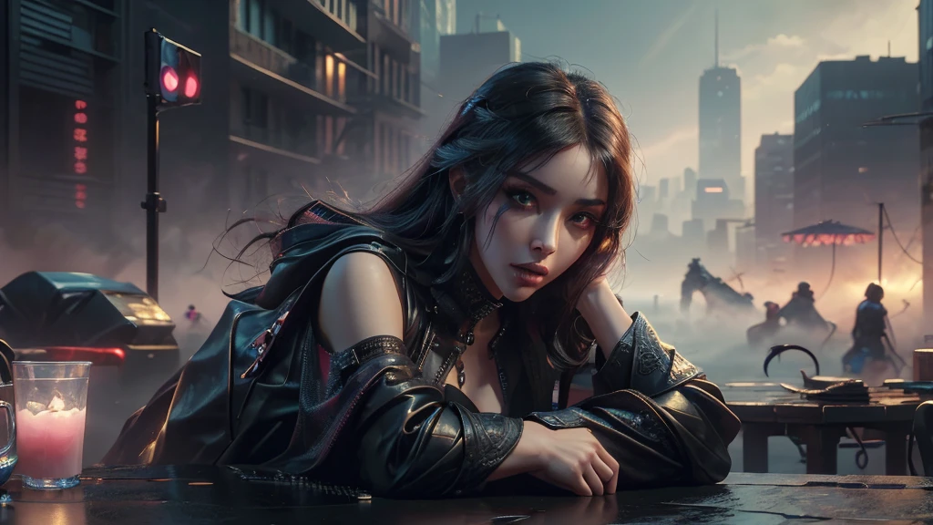 (masterpiece), (best quality), (very detailed), ((1 female assassin)), (cyberpunk), future city background, detailed eyes, Detailed nose, Detailed lips, perfect face, perfect body, revealing clothing, Place a small person on the left side of the picture, landscape