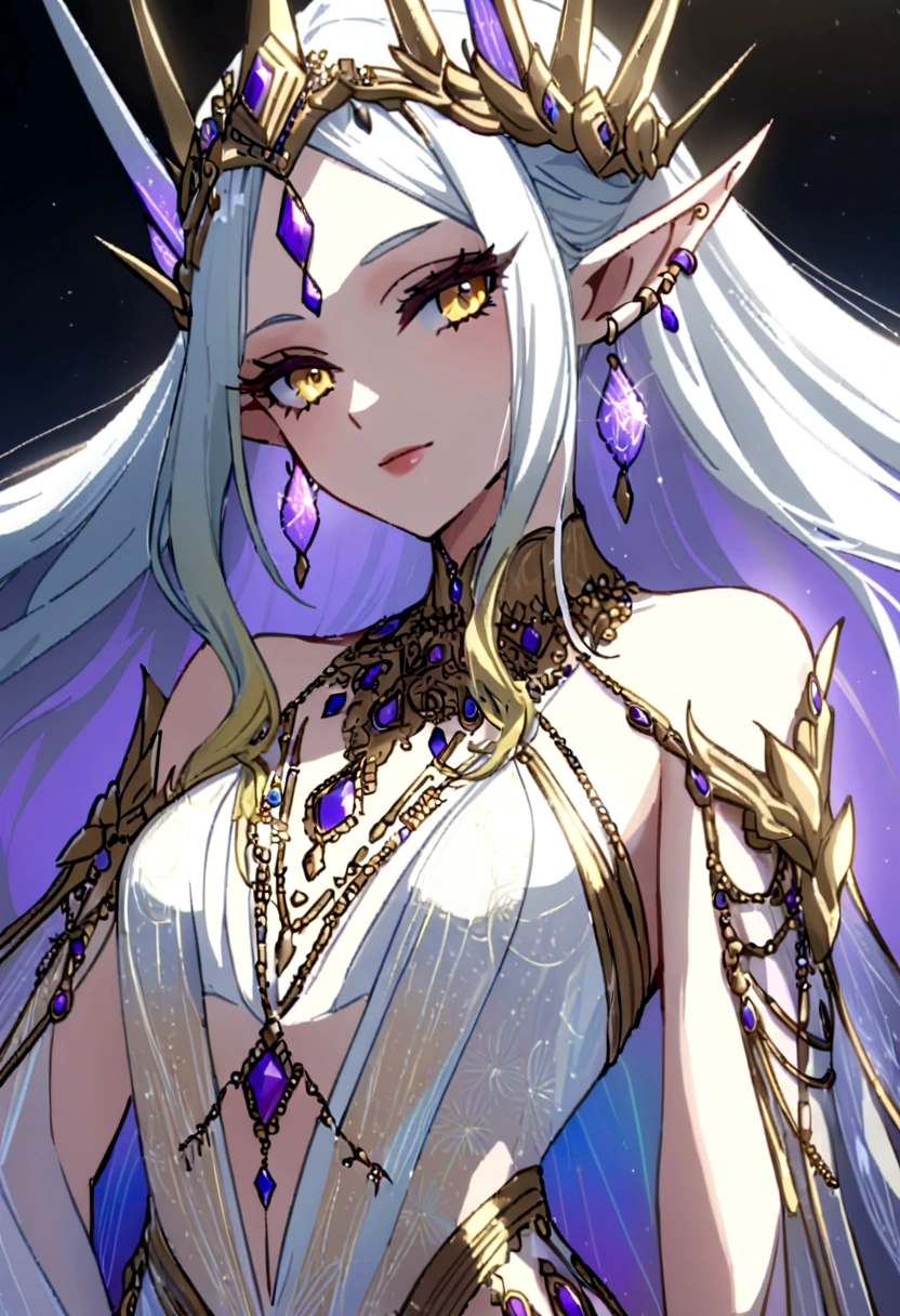 elf queen, adorned with luxurious accessories, enchants the viewers with her regal presence.  Her golden and silver thread embroidered gown shimmers in the ethereal light, adorned with intricate patterns in vivid colored threads. Her pierced ears glisten with radiant earrings, her delicate neck graced with an elegant necklace, her fingers bedecked with rings and bangles - a spectacle of pure opulence.