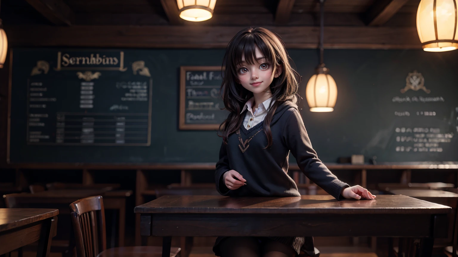 cute smiley face girl, lighting on face, bright lighting face, with standing pose, in harry potter classroom, harry potter classroom