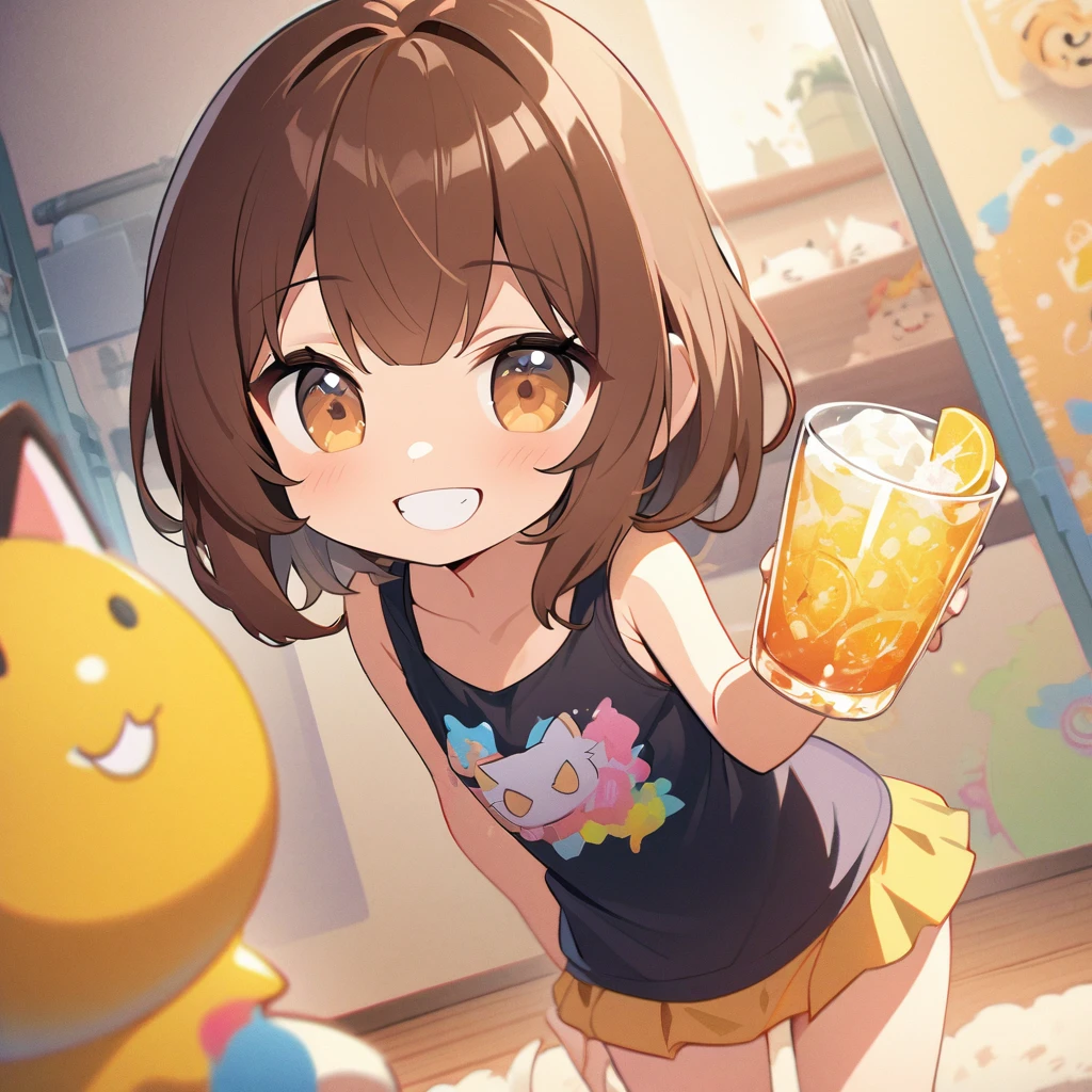 masterpiece、Highest quality、Depth of subject、２D illustration、1 beautiful girl、独奏, (((chibi style)))、Long, beautiful hair、shiny brown hair、cute、Beautifully detailed eyes、((Tank top))、a glass of lemon soda, ((colorful))、mini skirt、((happy smile))、((cat cluster)), ((close up shot))、((in the room))、((There&#39;s a lot of pink around))、Thighs、((vivid color))、sparkle、((Lens flare))、