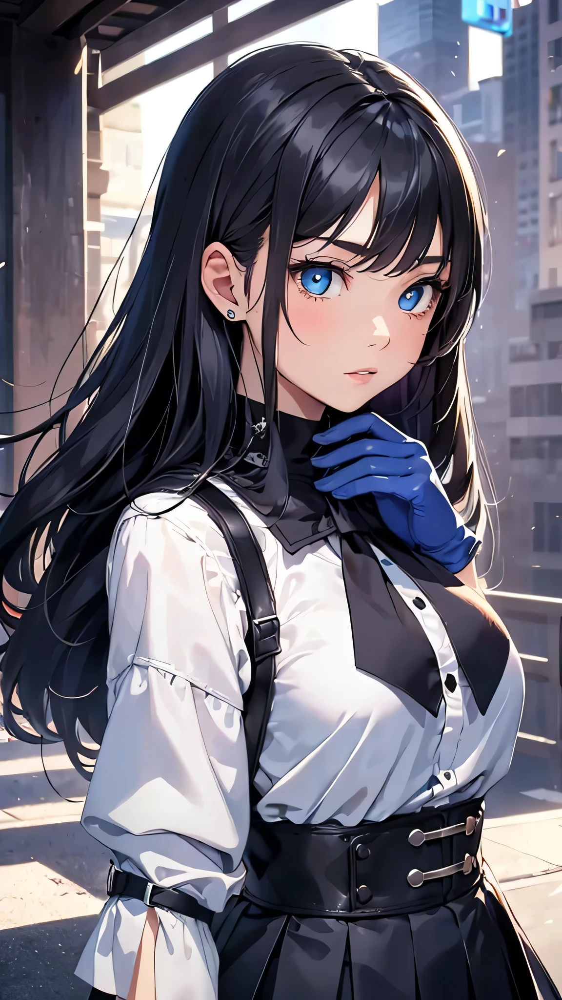 最high quality、Best image quality、masterpiece、With a girl((cute、20-year-old、Best Bust、Medium Bust、Bust 85,Beautiful Blue Eyes、Spread your chest wide,Long black hair、Slender、The best valley、、Blue Y-shirt、White short skirt,Show the whole body、Black perforated gloves))high quality、Beautiful art、background((School、School zone、Strong winds)),Tabletop、Exquisite design、Visual Arts、Depth of written boundary、Best lighting、Highest detail、8k