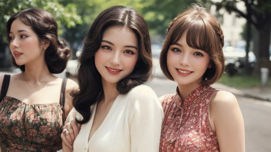(1970s women:1.3), (1women:1.3), smile shyly, (highly detailed face), (extremely detailed beautiful face), (Early Showa hairstyle, retro hairstyle, 1940 fashionable clothing, oldies fashion:1.3), (Best Quality:1.4), (Ultra-detailed), extremely detailed CG unified 8k wallpaper, Realistic portrait, Beautiful detailed, High-definition raw color photos, professional photography, (fine face:1.2), focus on women, (oldies, oldies songs, Old photos, retro photos, sepia photos, valuable photos that give you a sense of the times), A scene from a retro movie from the 1970s,