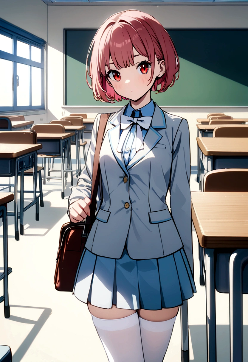 Girl, short hair, blue, red eyes, tall body, white , short skirt, white stockings, white ribbon in school.