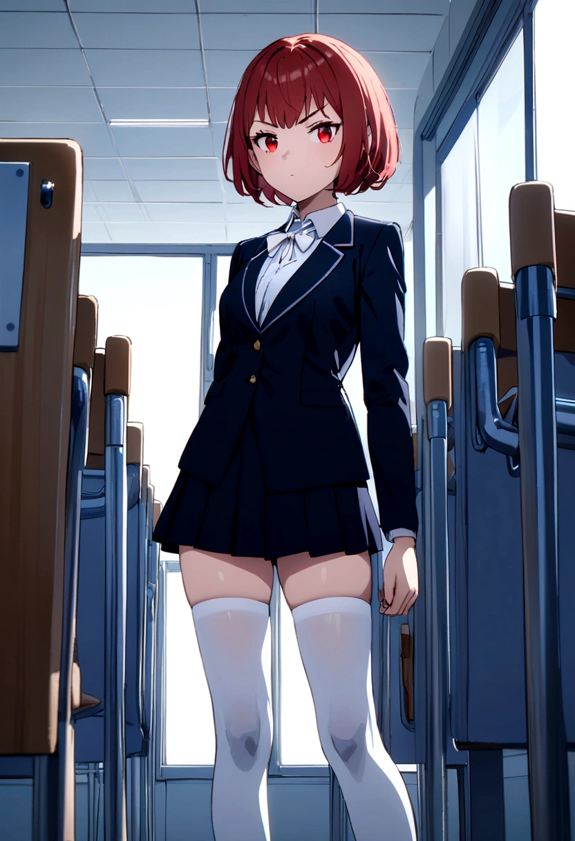 Girl, short hair, blue, red eyes, tall body, white , short skirt, white stockings, white ribbon in school.