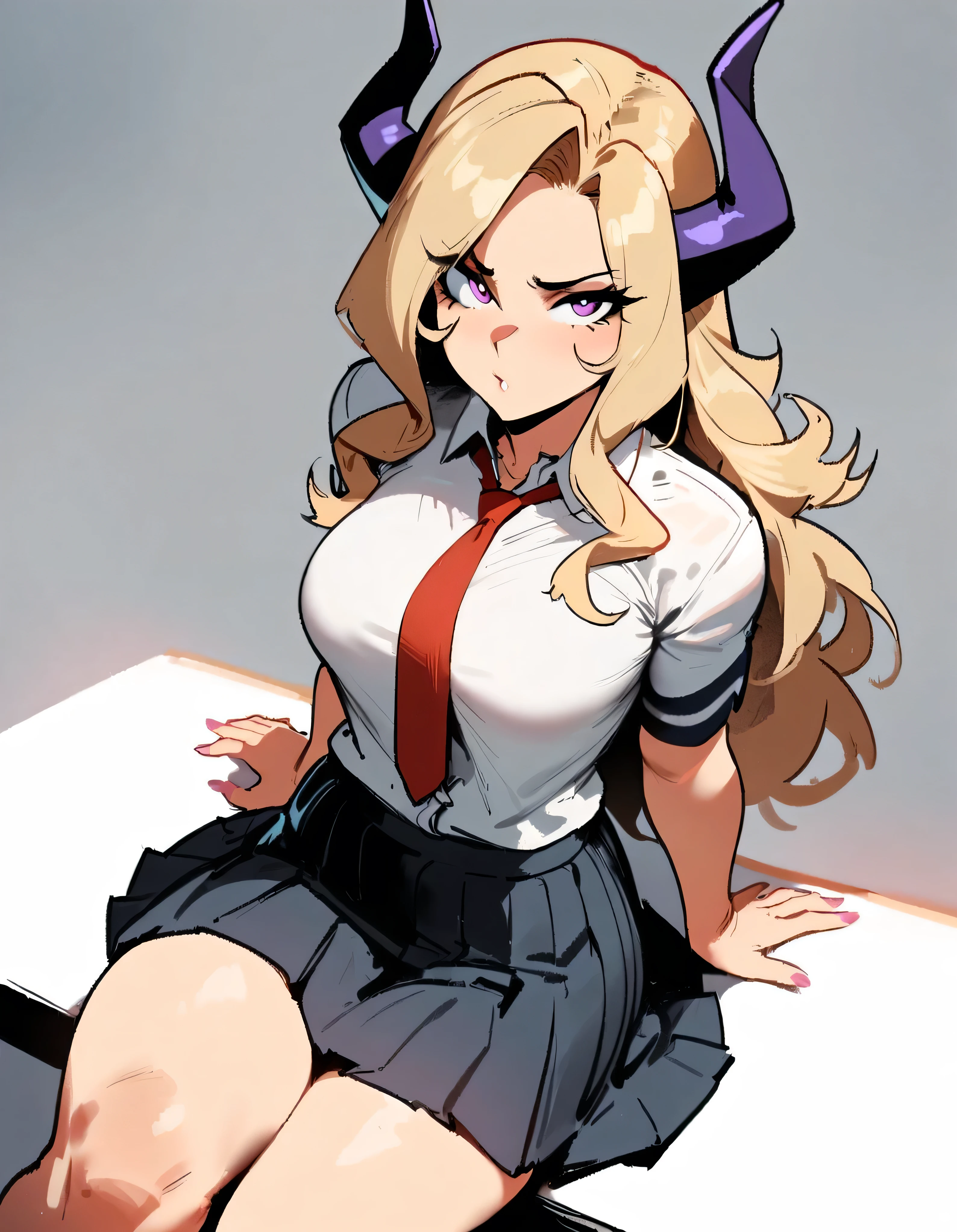 1girl, mount lady, boku no hero academia \\\\\ masterpiece, best quality, very aesthetic, absurdres, newest \\\\\\ sportive body, \\\\\\ by dodok, nyantcha, cutesexyrobutts, by khyle ///// blonde, purple eyes, (school uniform:1.2), skirt, , 24 years old, white background,tie,sit