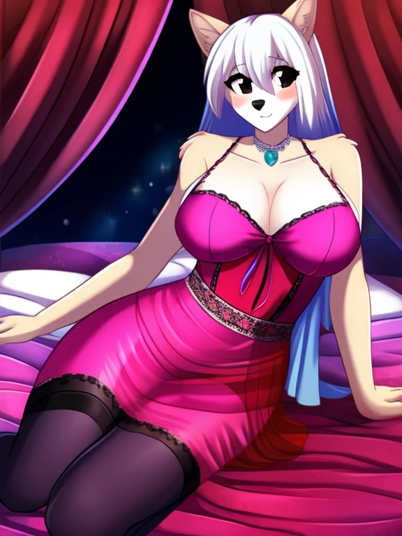 male crossdressing, crossdress, bpack hair, black eyes, shy, smalll breasts, long dress, pink dress, transparent dress, sexy pose, on bed, stockings,