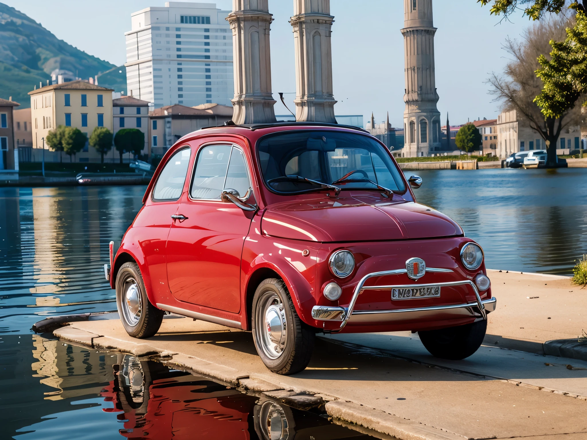 (FIAT500, classical old Italian Fiat 500 car), a small red car resting on a column at the center of a crystal clear lake in a city of the future.