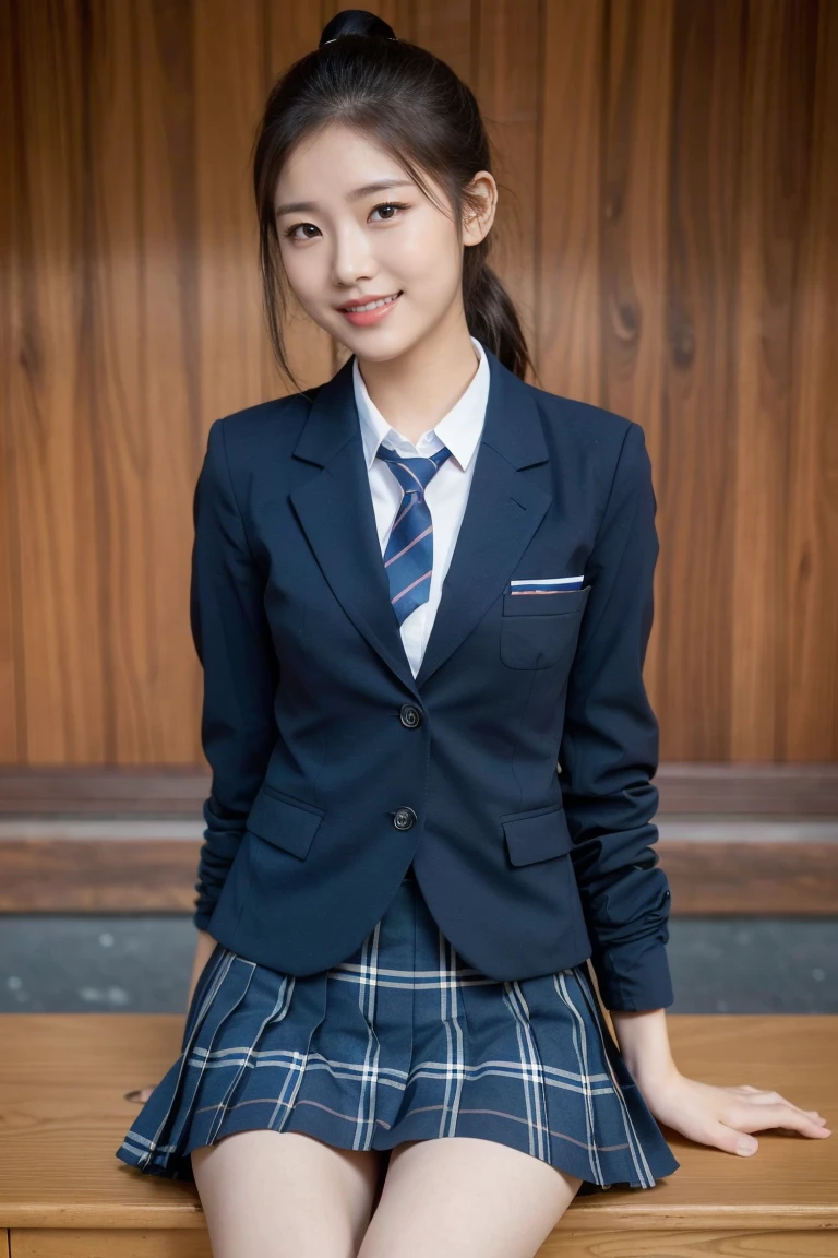 (8k), (highest quality: 1.2), (Realistic), (Realistic: 1.37), Ultra-high resolution, (1 girl), cute, blush,Embarrassed smile, Beautiful details, Beautiful Nose, black straight Hair, ponytail hairstyles,Giant Dulcefo, Thighs，Self Snap,University Uniforms,(A simple dark blue blazer:1.4),(dark brown Pleated skirt:1.2),(The skirt and tie are black tartan check pattern.:1.3),(Sitting:1), Sit on the bench,(Hold my feet:1),from the front,knees,(ニーハソックス:1.5)