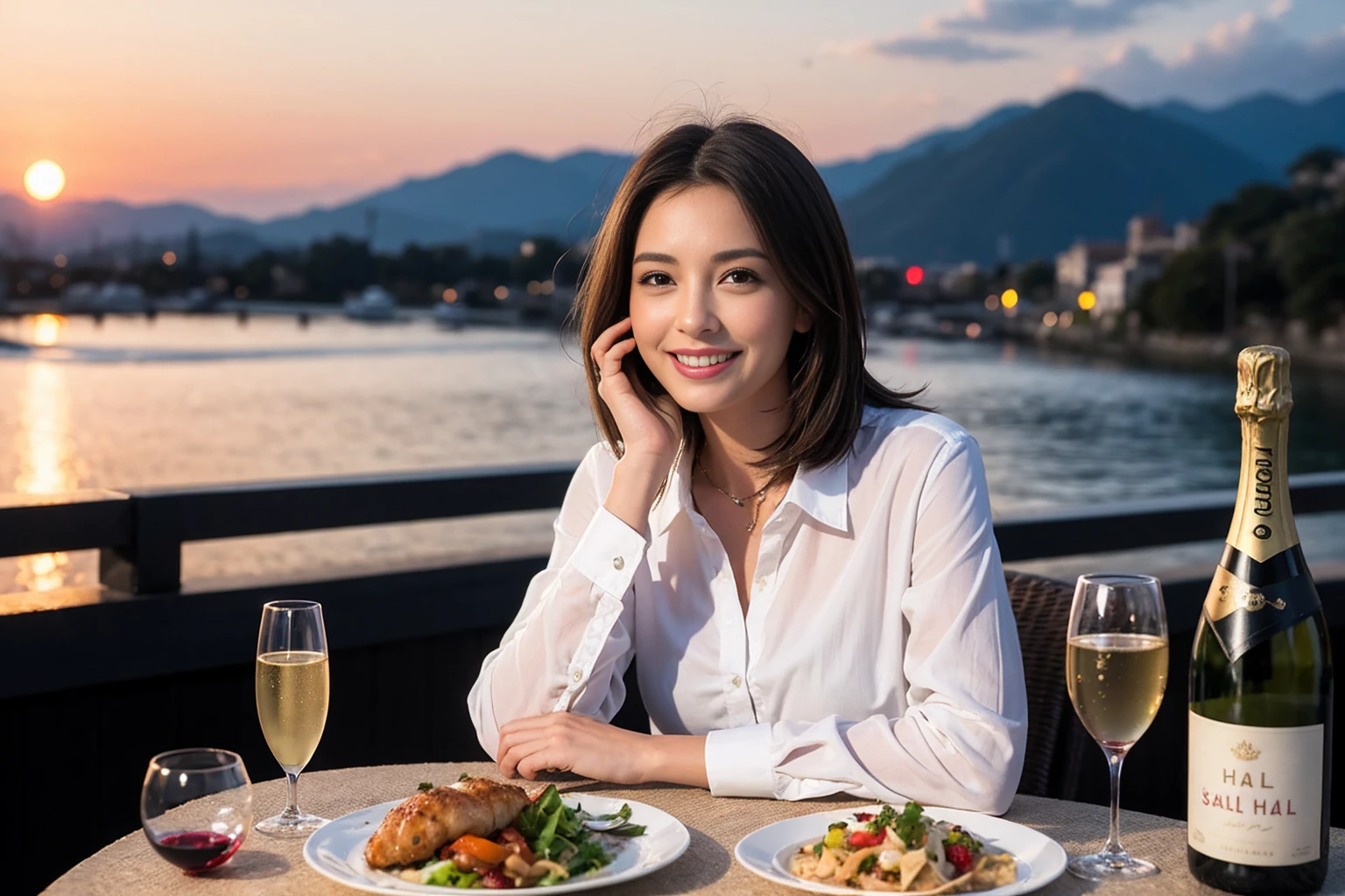 ((Highest quality、、masterpiece:1.3))、1 male 1 female、Berry Short、Slim lover、Beautiful couple、smile、full-course dinner、 (Slim face), (the body is スリム), (Brown Hair), (Shortcuts), ((Bob Hale、Straight hair:1.2)), テーブルの上のwine glass、Shine light on your face、 Amazing view of the sunset sky and clouds、smileの美しさ、Bright image、Blushing, Shortcuts, (43 years old), 46 years old, Appetizers、Italian food、Wine bottle、Champagne、sparkling wine、Long sleeve shirt、dress、Attractive beauty、restaurant, Nova Frog Style, actress, model, Upper Body, White wine, red wine, wine glass,