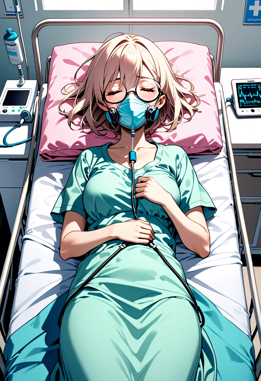 girl（Round Glasses、low length、Hospital Arrival（Pink））Hospital bed（Sleeping on your back、electro-cardiogram、Oxygen mask）