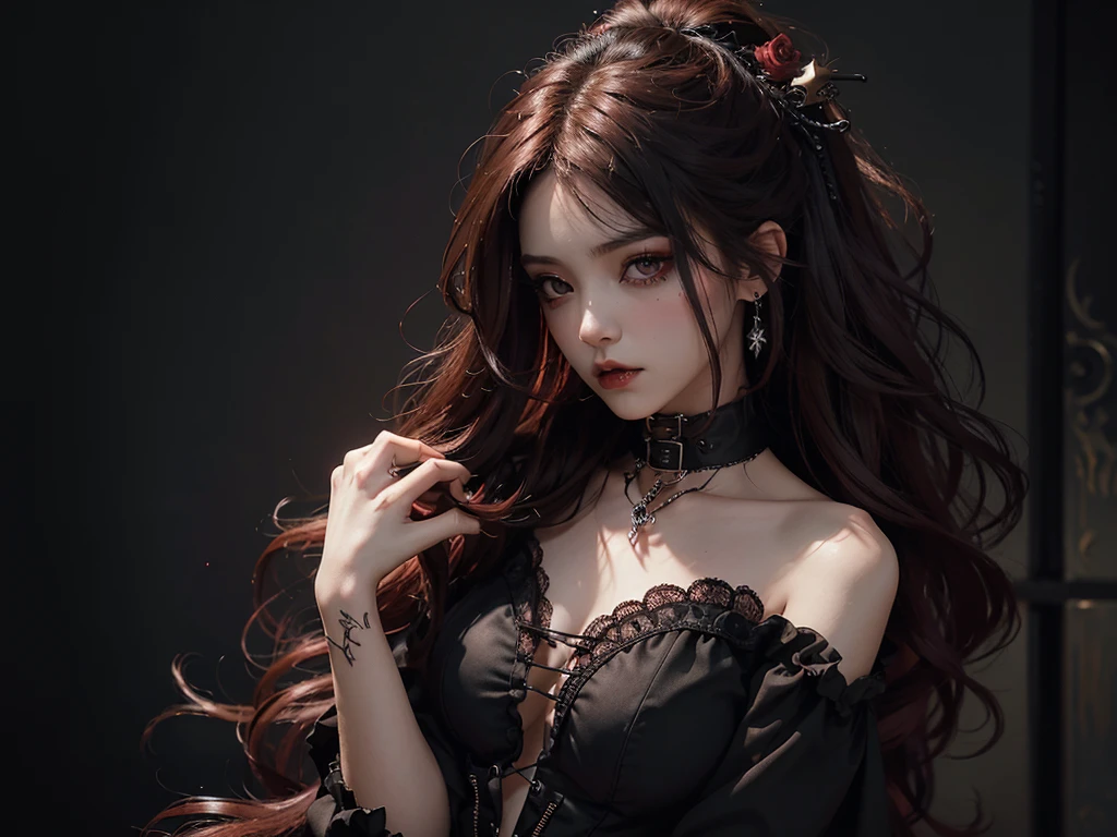 maximum quality、8K、masterpiece: 1.3、gothic punk、red inner color、A brunette、hair adornments、a beautiful girl、creative、dark fantasy style、Neogos、gothic fashion: 1.2, a sexy girl sexual compose showing all your semi-nude sexuality