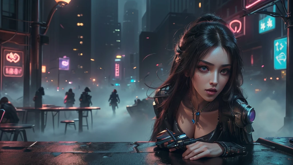 (masterpiece), (best quality), (very detailed), ((1 female assassin)), (cyberpunk), future city background, detailed eyes, Detailed nose, Detailed lips, perfect face, perfect body, revealing clothing, Place a small person on the left side of the picture, landscape