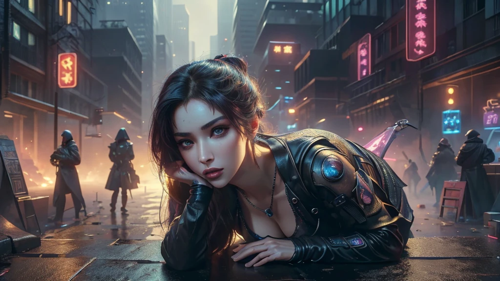 (masterpiece), (best quality), (very detailed), ((1 female assassin)), (cyberpunk), future city background, detailed eyes, Detailed nose, Detailed lips, perfect face, perfect body, revealing clothing, Place a small person on the left side of the picture, landscape