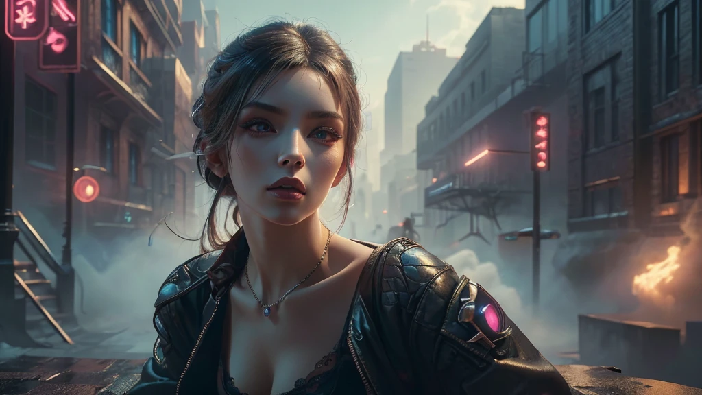 (masterpiece), (best quality), (very detailed), ((1 female assassin)), (cyberpunk), future city background, detailed eyes, Detailed nose, Detailed lips, perfect face, perfect body, revealing clothing, Place a small person on the left side of the picture, landscape